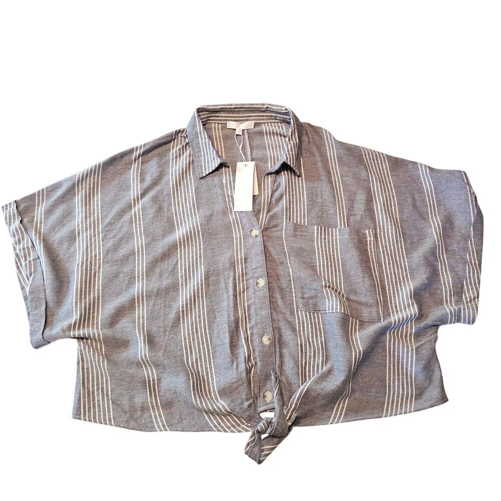 NEW Adyson Parker Striped Knotted Button Crop Blouse Top Blue Plus Size  2X 3378